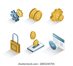 Cryptocurrency and Blockchain Technology Icons Set with Bitcoin Digital Wallet Security and Mobile Payment