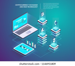 Cryptocurrency and blockchain technology isometric concept. Data center, storage servers. Landing page template. Header for website. Isometric vector illustration 