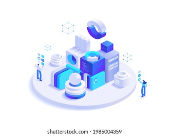 Cryptocurrency and blockchain technology isometric concept. Digital money mining farm, data analysis, financial tools. People work at crypto business. Vector character illustration in isometry design