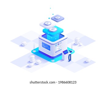 Cryptocurrency And Blockchain Technology Isometric Concept. Woman Works At Digital Money Mining Farm, Bitcoin Tech, Data Analysis, Financial Tools. Vector Character Illustration In Isometry Design