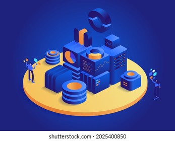 Cryptocurrency and blockchain technology isometric concept. Digital money mining farm, data analysis, financial tools. People work at crypto business. Vector character illustration in isometry design