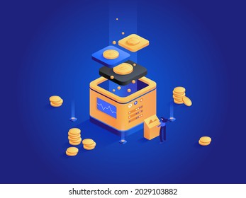 Cryptocurrency and blockchain technology isometric concept. Woman works at digital money mining farm, bitcoin tech, data analysis, financial tools. Vector character illustration in isometry design