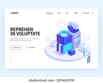 Kryptowährung und Blockchain Technologie isometrisches Konzept. Digitaler Geldbergbau, Datenanalyse, Finanzinstrumente. Die Leute arbeiten im Kryptogeschäft. Vektorgrafik in Isoometrie-Design