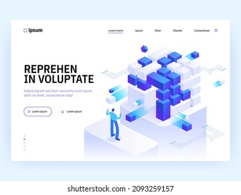 Cryptocurrency and blockchain technology isometric concept. Digital money mining farm, data analysis, financial tools. Businessman work at crypto business. Vector illustration in isometry design