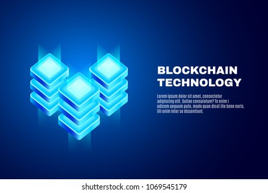 Cryptocurrency and blockchain technology isometric illustration. High technology of future. Concept of big data processing, energy station, server room rack, data center. 3d Vector banner, eps10