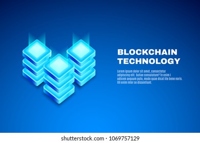 Cryptocurrency and blockchain technology isometric illustration. High technology of future. Concept of big data processing, virtual storage, server room rack, data center. 3d Vector banner, eps10