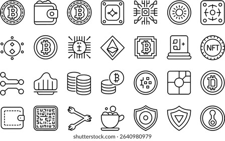 Cryptocurrency and blockchain technology outline icons set for digital finance and investment