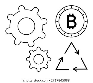 Criptomonedas, tecnología blockchain, sostenibilidad, energía renovable, eficiencia, innovación global. Engranajes, flechas de reciclaje e icono de Bitcoin sobre un fondo blanco. Criptomonedas y blockchain