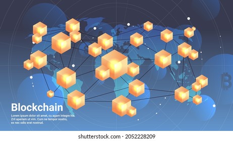 cryptocurrency blockchain technology virtual currency on world map horizontal copy space