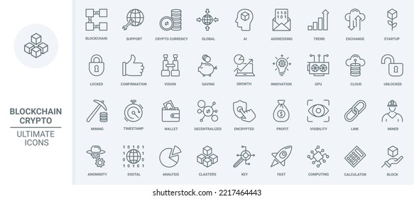 Cryptocurrency, blockchain thin line icons set vector illustration. Outline global digital crypto money trends, profit on fintech exchange analysis and bitcoin data mining, startup launch rocket