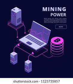 Cryptocurrency, blockchain, token trading, bitcoin farms and ico vector 3d isometric concept. Bitcoin money on computer mining, technology crypto currency illustration