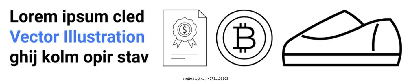 Criptomoeda, verificação blockchain, documentos financeiros, branding, comércio eletrônico, design minimalista. Arte de linha exibindo um certificado, símbolo Bitcoin e um sapato. Criptomoeda e blockchain