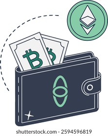 Cryptocurrency and blockchain wallet with Bitcoin and Ethereum icons