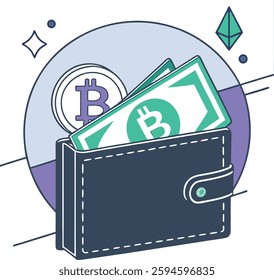 Cryptocurrency and blockchain wallet with Bitcoin and Ethereum icons