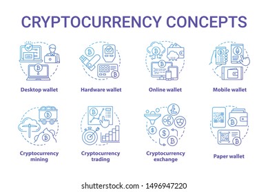 Cryptocurrency blue concept icons set. Digital asset idea thin line illustrations. Desktop wallet. Financial transaction. Bitcoin trading, exchange. Vector isolated outline drawings