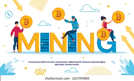 Cryptocurrency and Bockchain Mining Technology Advertisement Poster. Tiny Young Man and Woman Holding Bitcoin Sitting on Capital Letter. Digital Crypto Business in Mine Network Vector Illustration