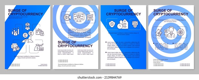 Cryptocurrency boom blue brochure template. Popular virtual currency. Leaflet design with linear icons. 4 vector layouts for presentation, annual reports. Arial, Myriad Pro-Regular fonts used