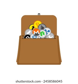 Cryptocurrency briefcase isolated. Complete portfolio of cryptocurrencies. Bitcoin and Ethereum, Monero and Litecoin.