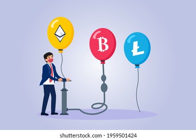 Cryptocurrency bubble vector concept. Businessman pumping balloons with cryptocurrency coins symbol, symbolizing financial bubble