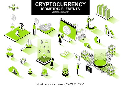 Conjunto criptodivisa de elementos isométricos. Bitcoin, litecoin y ethereum cryptocurrency, hardware de minería, iconos aislados de aplicaciones fintech. Isometric vector ilustración con caracteres de personas.