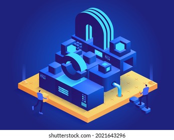 Cryptocurrency business isometric abstract concept. People working at digital money mining farm. Data analysis, blockchain tech and financial tools. Vector character illustration in isometry design