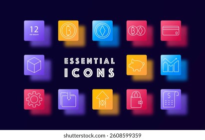 Cryptocurrency and business set icon. Flat gradient icons depict blockchain, crypto logos, wallet, credit card, gear, stats, piggy bank, chart, folder, upload, receipt, cube, portfolio