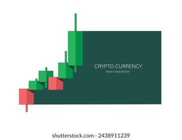 Cryptocurrency candlestick charts gradually move from red lows to green highs and on right side there is blank board for adding advertising messages, vector 3d isolated for financial design