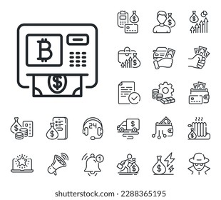 Cryptocurrency cash sign. Cash money, loan and mortgage outline icons. Bitcoin ATM line icon. Dollar money symbol. Bitcoin atm line sign. Credit card, crypto wallet icon. Inflation, job salary. Vector