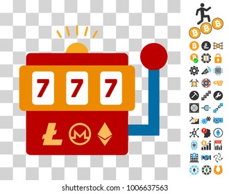 Cryptocurrency Casino Machine pictograph with bonus bitcoin mining and blockchain icons. Vector illustration style is flat iconic symbols. Designed for bitcoin apps.
