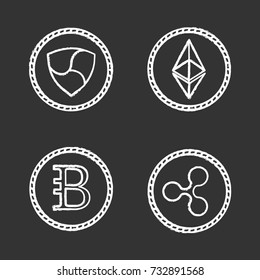 Cryptocurrency chalk icons set. Bytecoin, ripple coin, ethereum, NEM. Mining business. Isolated vector chalkboard illustrations