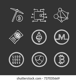 Cryptocurrency chalk icons set. Digital wallet, binary code, ethereum, bitcoin, monero, ripple coins, mining, graphic card, global network. Isolated vector chalkboard illustrations