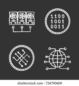 Cryptocurrency chalk icons set. Mining business. Connected graphic cards, digital coins, global cryptocurrency. Isolated vector chalkboard illustrations