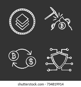 Cryptocurrency chalk icons set. Stratis coin, mining, bitcoin exchange, cyber security. E-currency. Isolated vector chalkboard illustrations