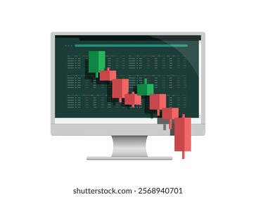 Cryptocurrency chart candlestick chart descends from green to red and results in losses for traders. All placed on trading website on a computer screen. Isolated 3D vector for stock investment media