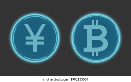 Cryptocurrency Chinese yuan and bitcoin in blue on a gray background. Digital currency symbols. Global business network, vector. Virtual electronic money, internet money. Computer techologies.