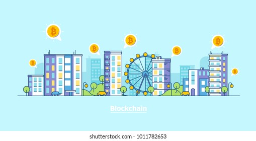 Crypto-Currency city. Bitcoin and blockchain technology flat vector illustration.