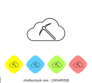 Cryptocurrency cloud mining line icon on white background. Cloud with pickaxe, bitcoin, altcoins, digital money market, cryptocoin wallet. Set icon in color rhombus buttons. Vector Illustration