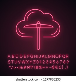 Cryptocurrency cloud mining service neon light icon. Crypto mining. Cryptocurrency business. Cloud with pickaxe. Glowing sign with alphabet, numbers and symbols. Vector isolated illustration