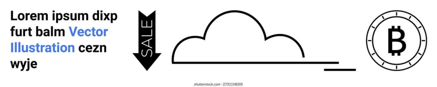 Cryptocurrency, cloud storage, digital economy, data transfer, e-commerce, financial technology. Minimalist black and white elements include a cloud, Bitcoin symbol and sale arrow. Cryptocurrency