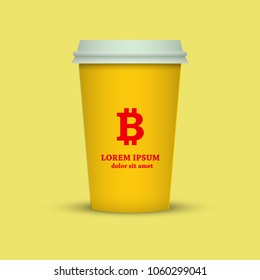 cryptocurrency coffee. coffee cup with bitcoin sign