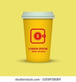 cryptocurrency coffee. coffee cup with bitcoin wallet sign in yellow and red colors