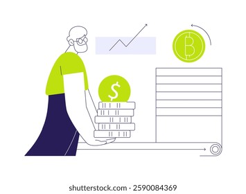 Cryptocurrency coin abstract concept vector illustration. Money investment with cryptocurrency coins, credit card, blockchain technology, financial literacy, digital money abstract metaphor.