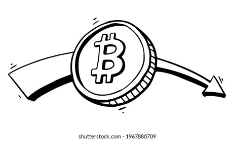 Cryptocurrency coin bitcoin with arrow chart falling in doodle style isolated