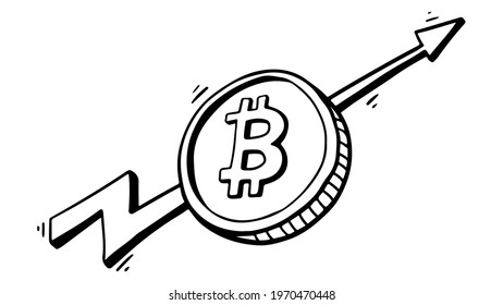 Cryptocurrency coin bitcoin with arrow growth graph in doodle style isolated