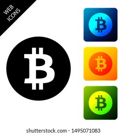 Cryptocurrency coin Bitcoin icon. Bitcoin for internet money. Physical bit coin. Digital currency. Blockchain based secure crypto currency. Set icons colorful square buttons. Vector Illustration