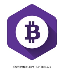 Cryptocurrency Coin Bitcoin Icon With Long Shadow. Bitcoin For Internet Money. Physical Bit Coin. Digital Currency. Blockchain Based Secure Crypto Currency. Purple Hexagon Button. Vector Illustration