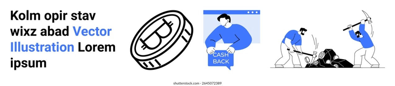 Cryptocurrency coin with Bitcoin symbol, person using cash back feature on a tablet, and two individuals mining cryptocurrency. Ideal for fintech, blockchain technology, online transactions, finance