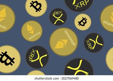 Cryptocurrency coin BTC, ETH, XRP seamless on a blue background, Vector