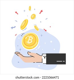 Kryptowährungsmünzen fallen mit Händen, geben und empfangen Geld, flache Vektorgrafik einzeln auf weißem Hintergrund. Kryptowährungsfinanzierung.