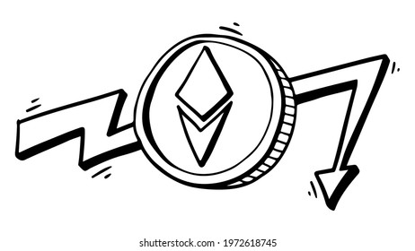 Cryptocurrency coin Ethereum with arrow chart falling in doodle style isolated
